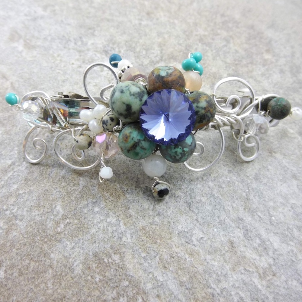 Turquoise and crystal flower barrette